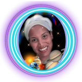 Noela Star Queen's Logo features her brown-skinned face and white-wrapped head floating in black space, her neck covered by the Sun, Mercury, Venus, Earth, the Moon, Mars, Jupiter, and Saturn. There is one outer purple neon ring and three inner blue ones.